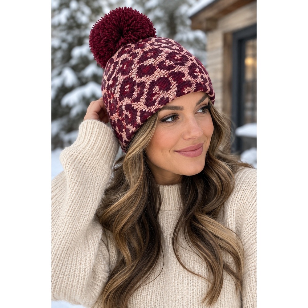 C.C Exclusives Beanie Womens OS Leopard Print Burgundy Pom Pom Hat Winter Cozy